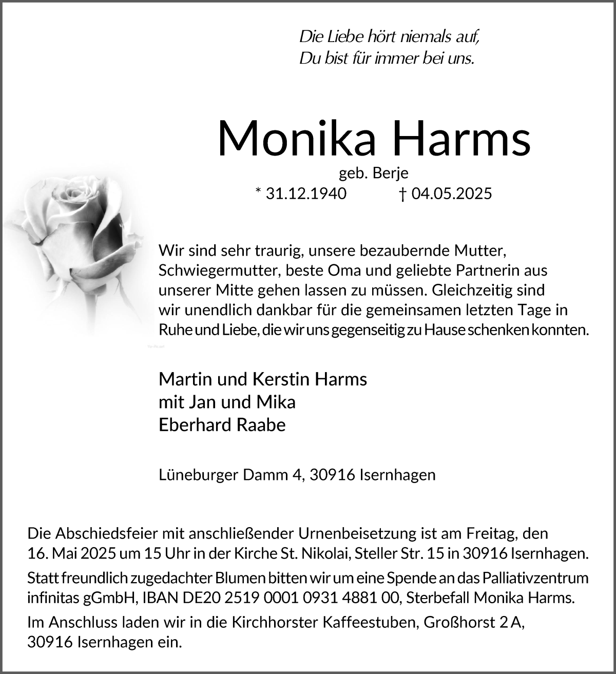 Traueranzeige von Monika Harms von Die Norddeutsche