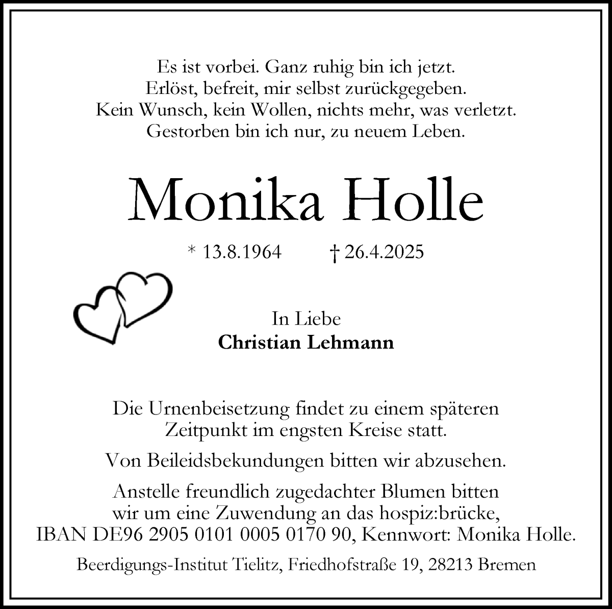 Traueranzeige von Monika Holle von WESER-KURIER