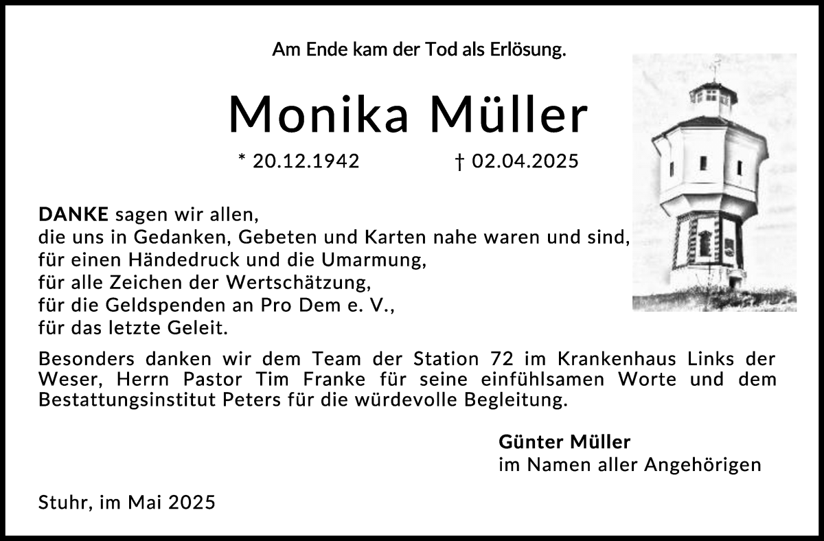 Traueranzeige von Monika Müller von Regionale Rundschau/Syker Kurier