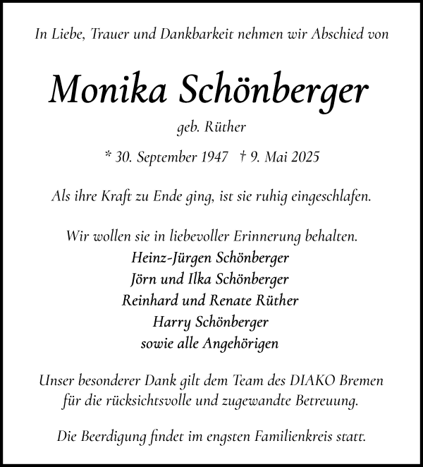Traueranzeige von Monika Schönberger von WESER-KURIER