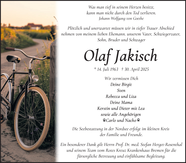Traueranzeige von Olaf Jakisch von WESER-KURIER