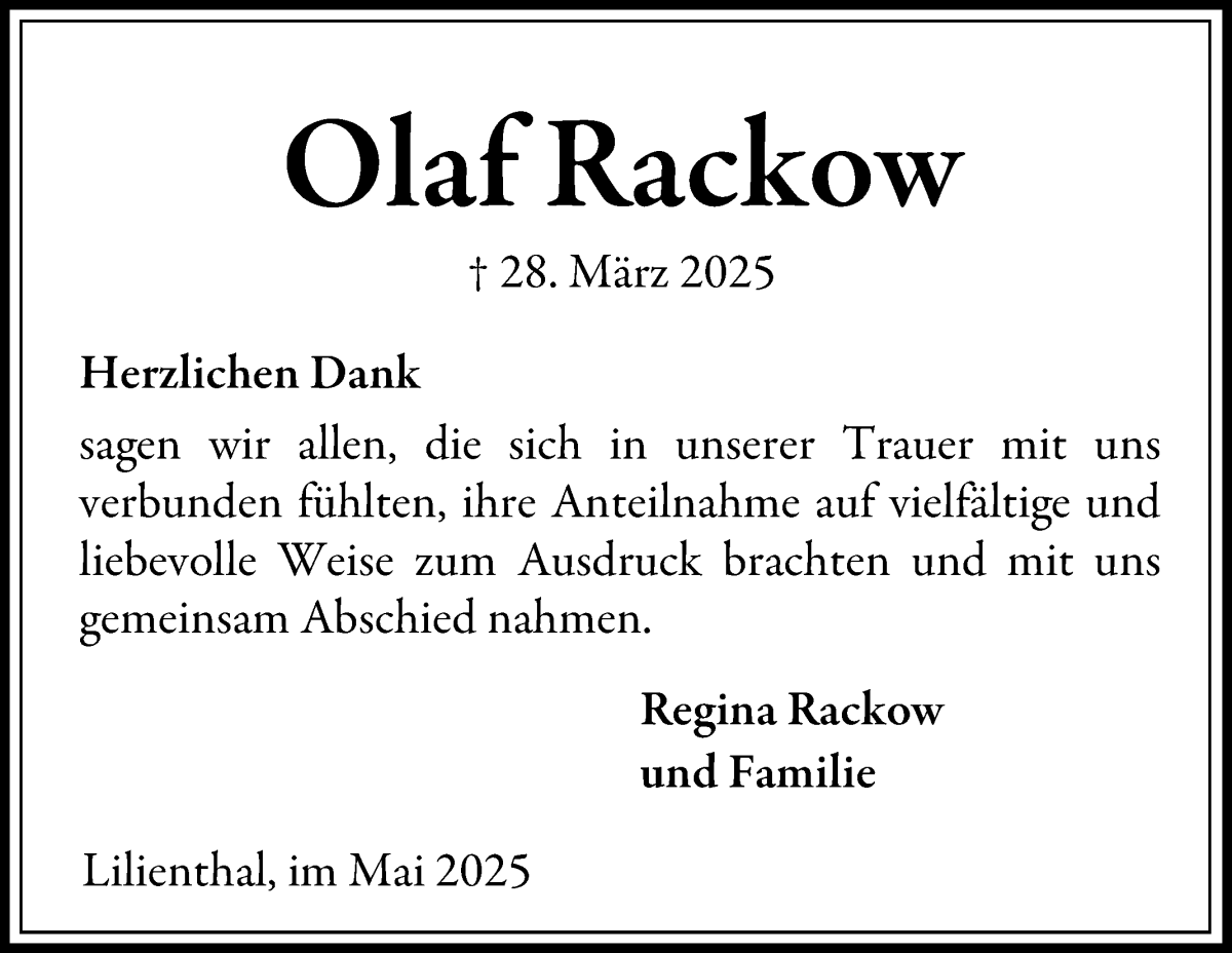 Traueranzeige von Olaf Rackow von Wuemme Zeitung