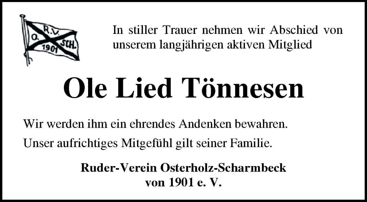 Traueranzeige von Ole Lied Tönnesen von Osterholzer Kreisblatt