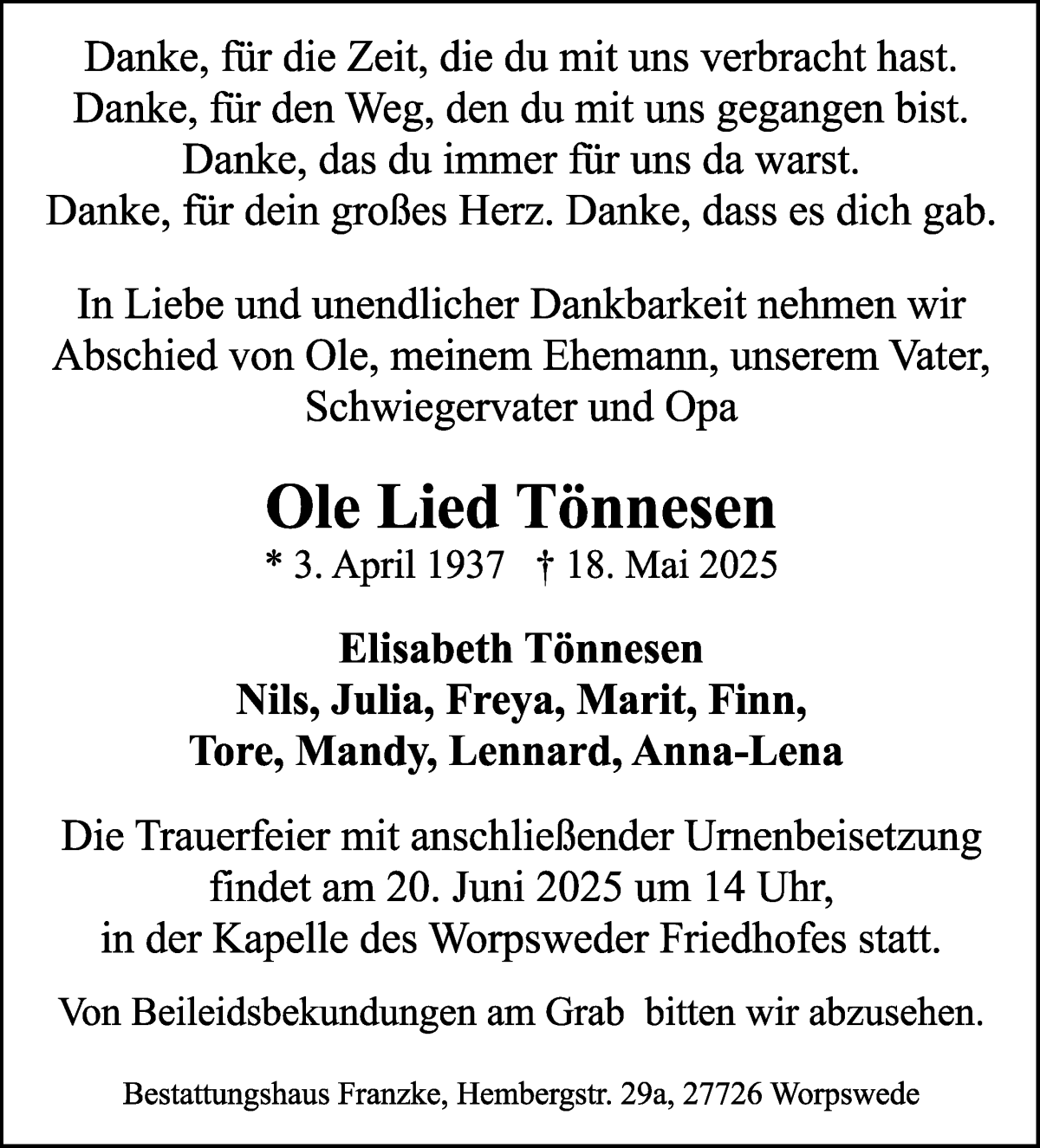 Traueranzeige von Ole Lied Tönnesen von Wuemme Zeitung