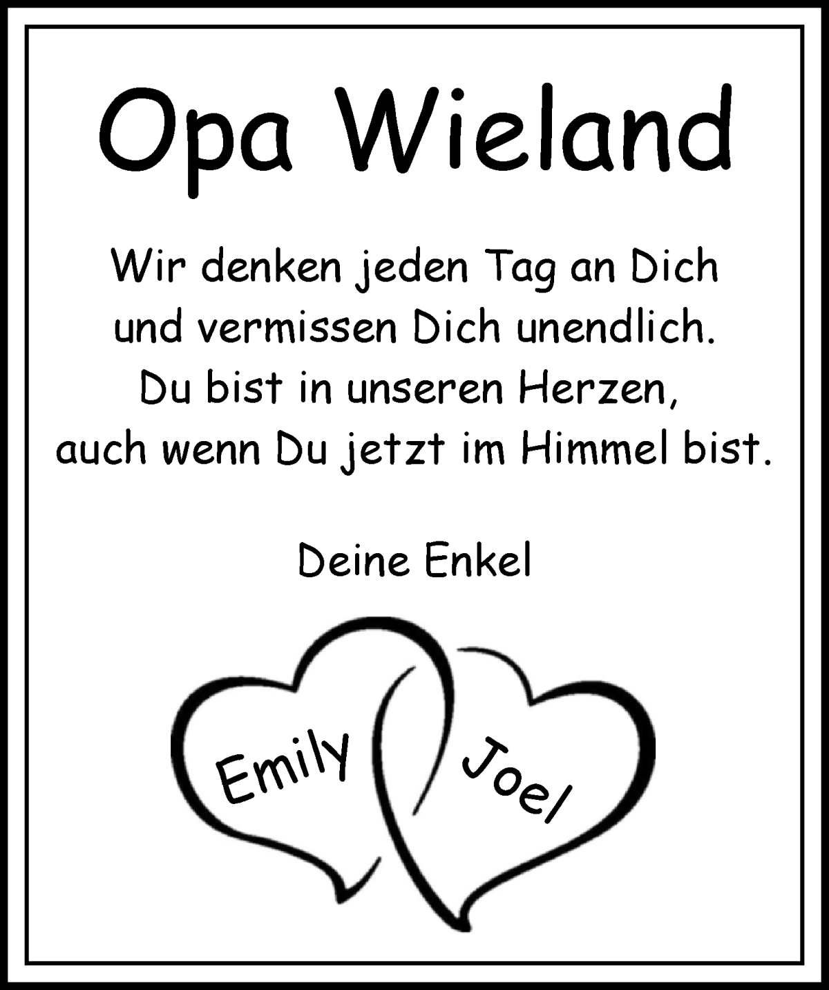 Traueranzeige von Opa Wieland von Osterholzer Kreisblatt