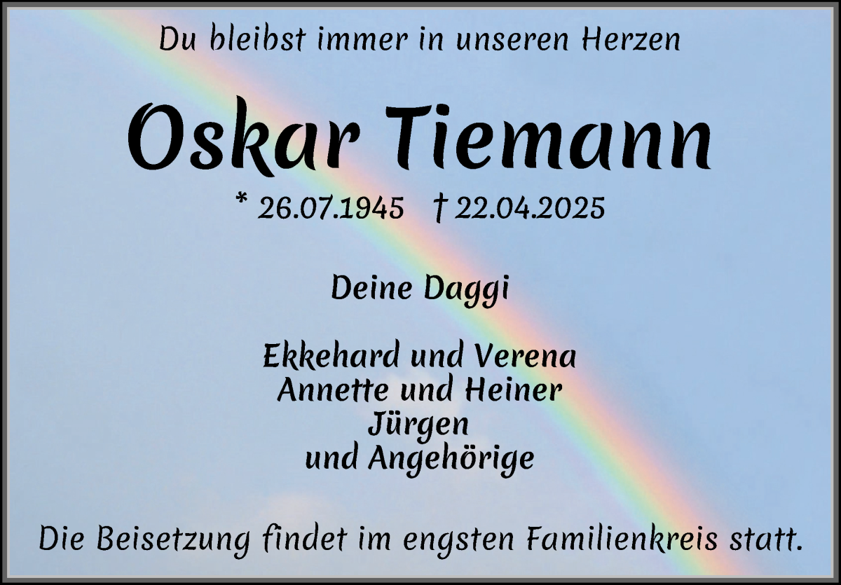 Traueranzeige von Oskar Tiemann von WESER-KURIER