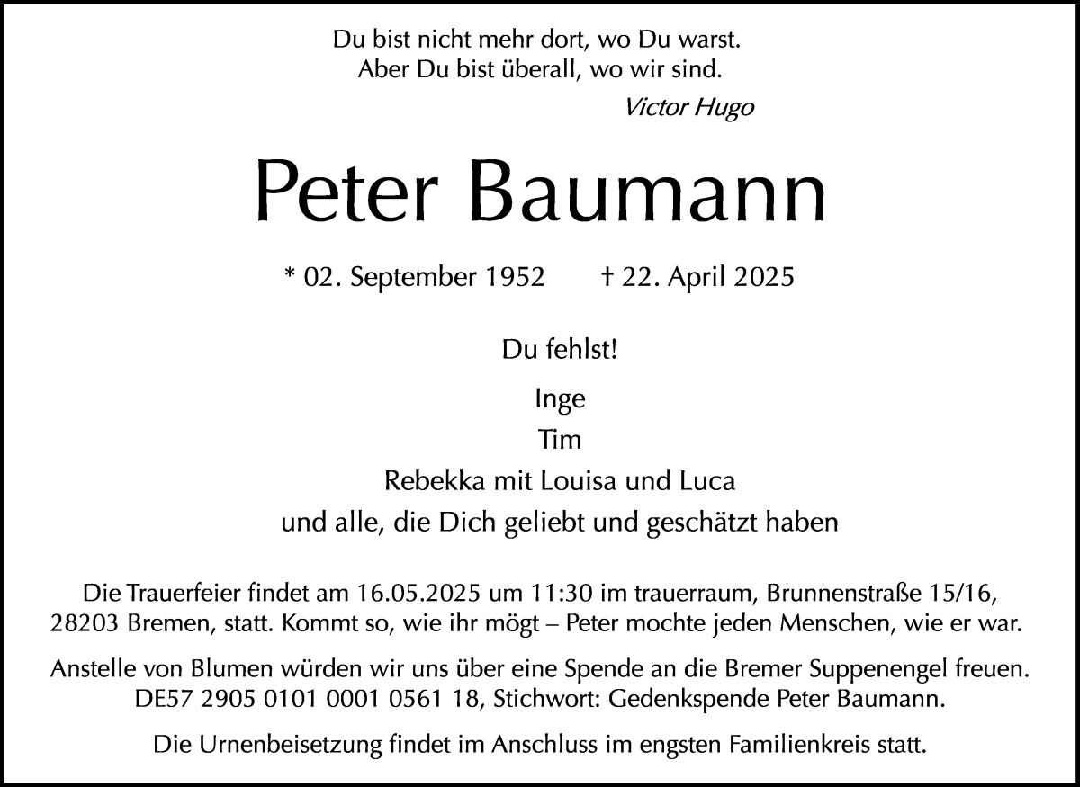 Traueranzeige von Peter Baumann von WESER-KURIER