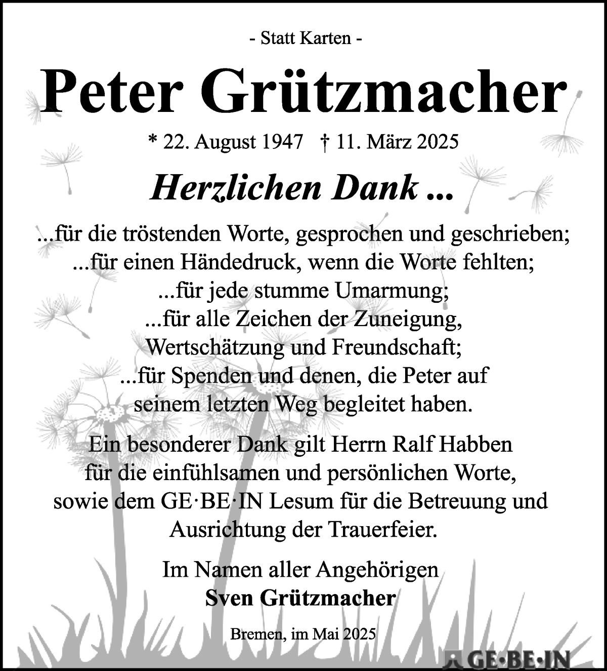 Traueranzeige von Peter Grützmacher von WESER-KURIER