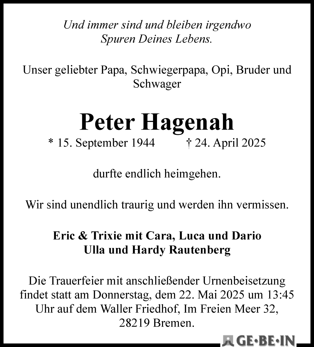 Traueranzeige von Peter Hagenah von WESER-KURIER