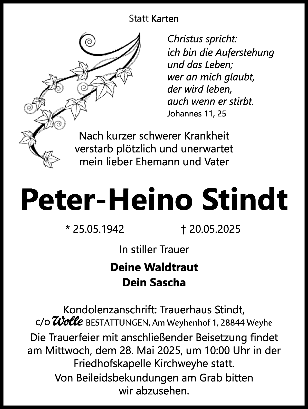 Traueranzeige von Peter-Heino Stindt von Regionale Rundschau/Syker Kurier