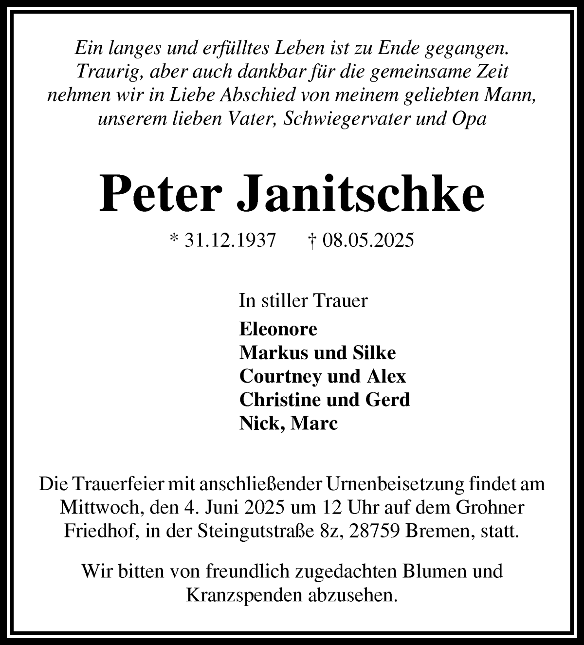 Traueranzeige von Peter Janitschke von Die Norddeutsche