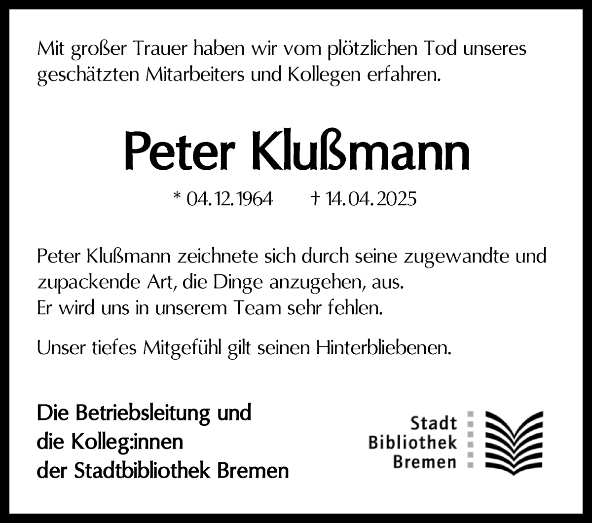 Traueranzeige von Peter Klußmann von WESER-KURIER
