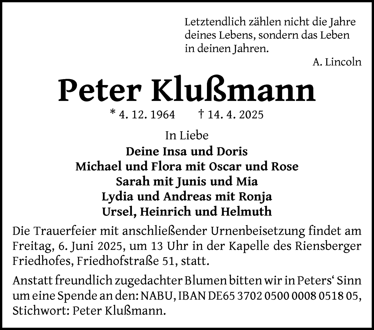 Traueranzeige von Peter Klußmann von WESER-KURIER