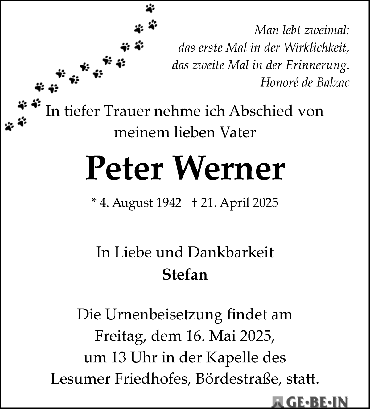 Traueranzeige von Peter Werner von WESER-KURIER