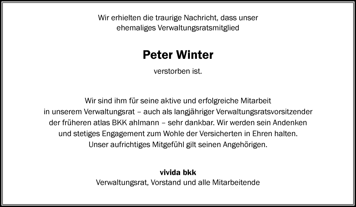 Traueranzeige von Peter Winter von Achimer Kurier/Verdener Nachrichten