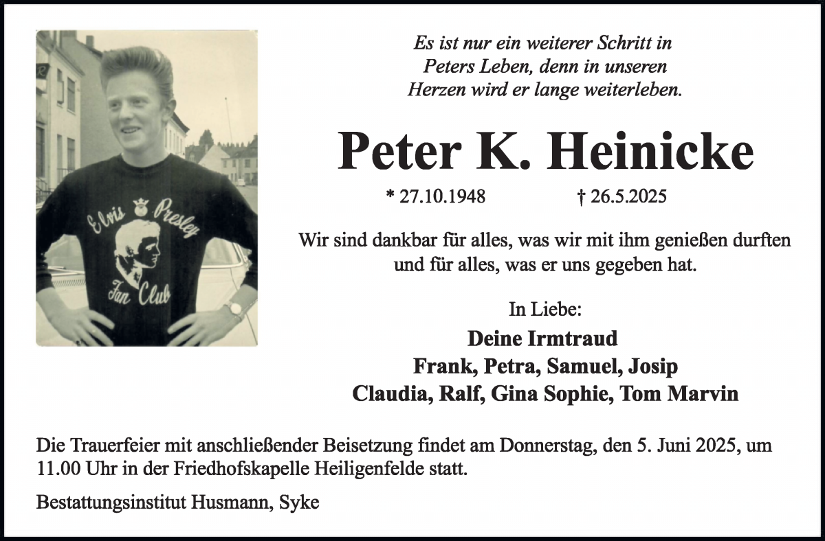 Traueranzeige von Peter K. Heinicke von WESER-KURIER