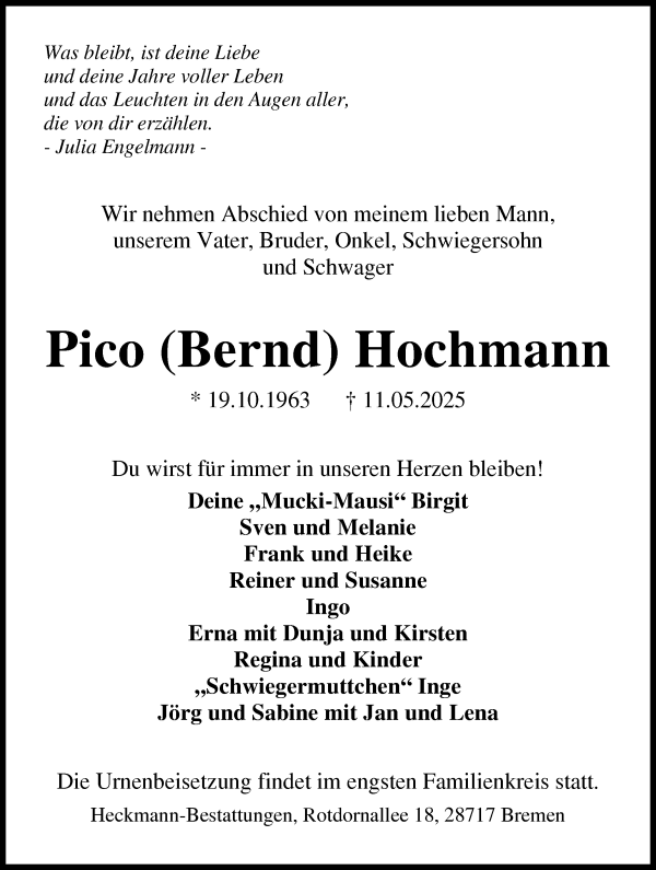 Traueranzeige von Pico  Hochmann von WESER-KURIER