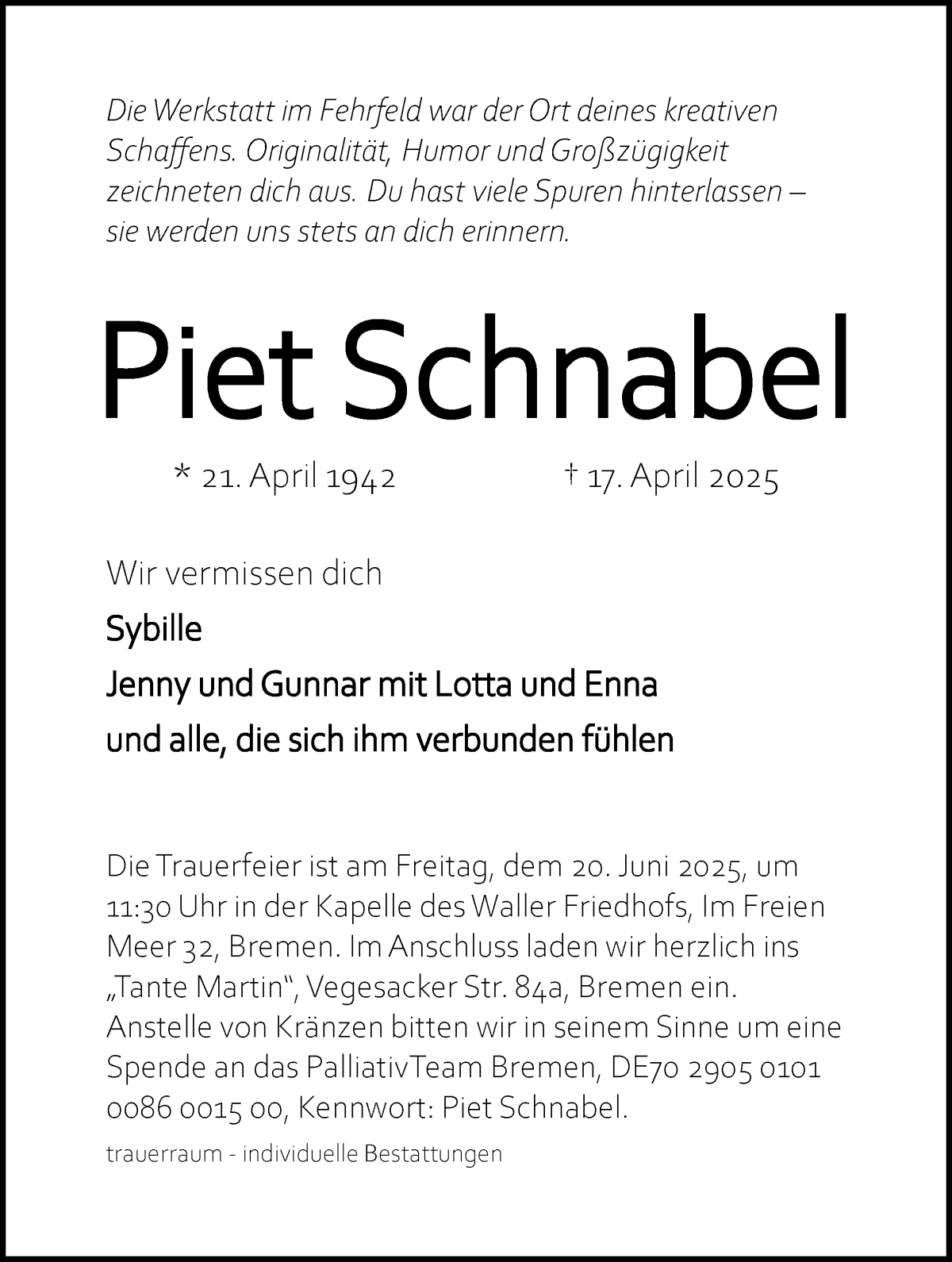 Traueranzeige von Piet Schnabel von WESER-KURIER