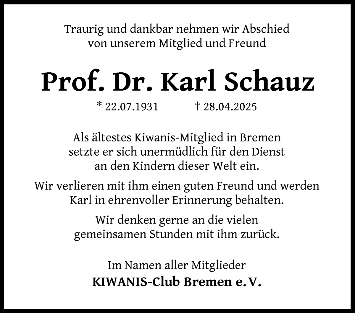 Traueranzeige von Prof. Dr. Karl Schauz von WESER-KURIER
