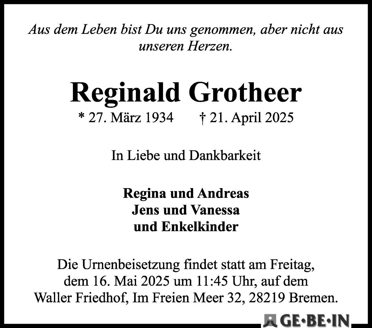 Traueranzeige von Reginald Grotheer von WESER-KURIER