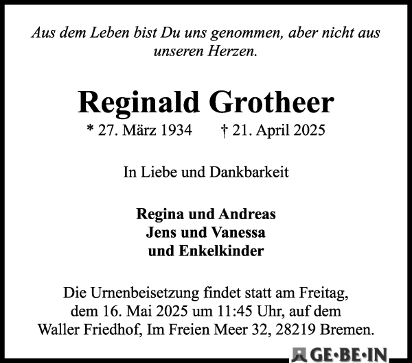 Traueranzeige von Reginald Grotheer von WESER-KURIER