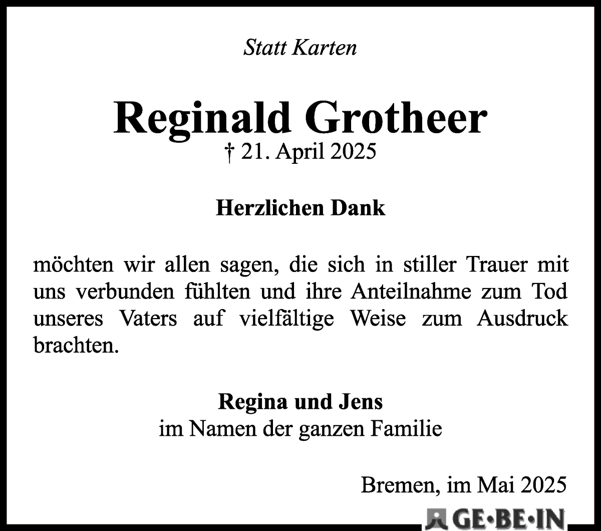 Traueranzeige von Reginald Grotheer von WESER-KURIER