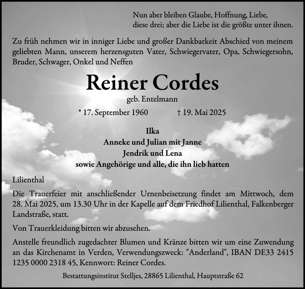 Traueranzeige von Reiner Cordes von Wuemme Zeitung