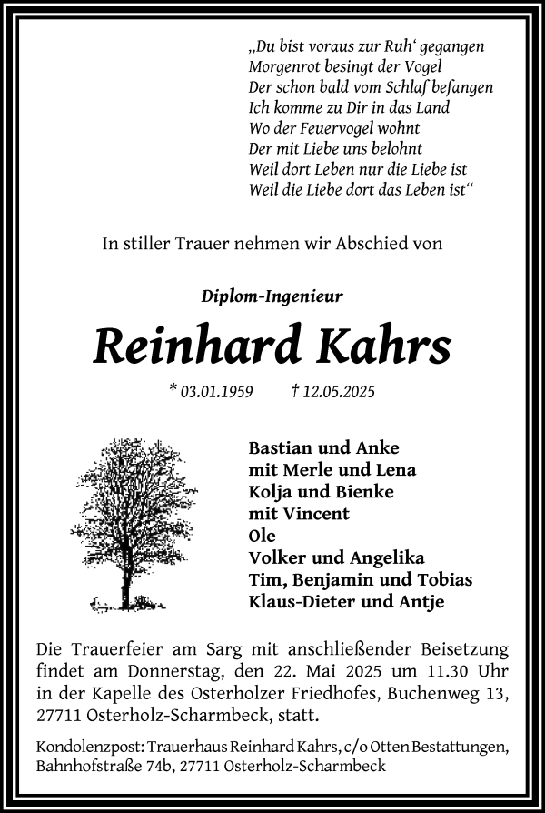 Traueranzeige von Reinhard Kahrs von Osterholzer Kreisblatt