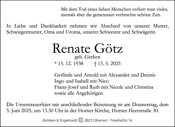 Traueranzeige von Renate Götz von WESER-KURIER