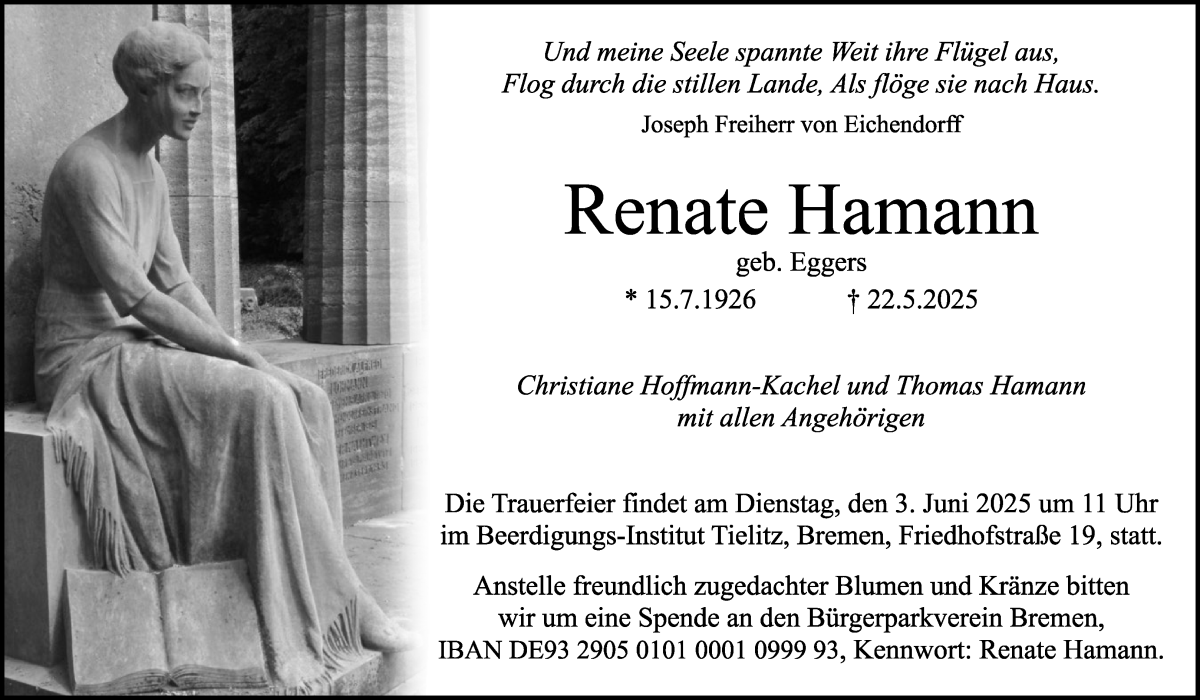 Traueranzeige von Renate Hamann von WESER-KURIER