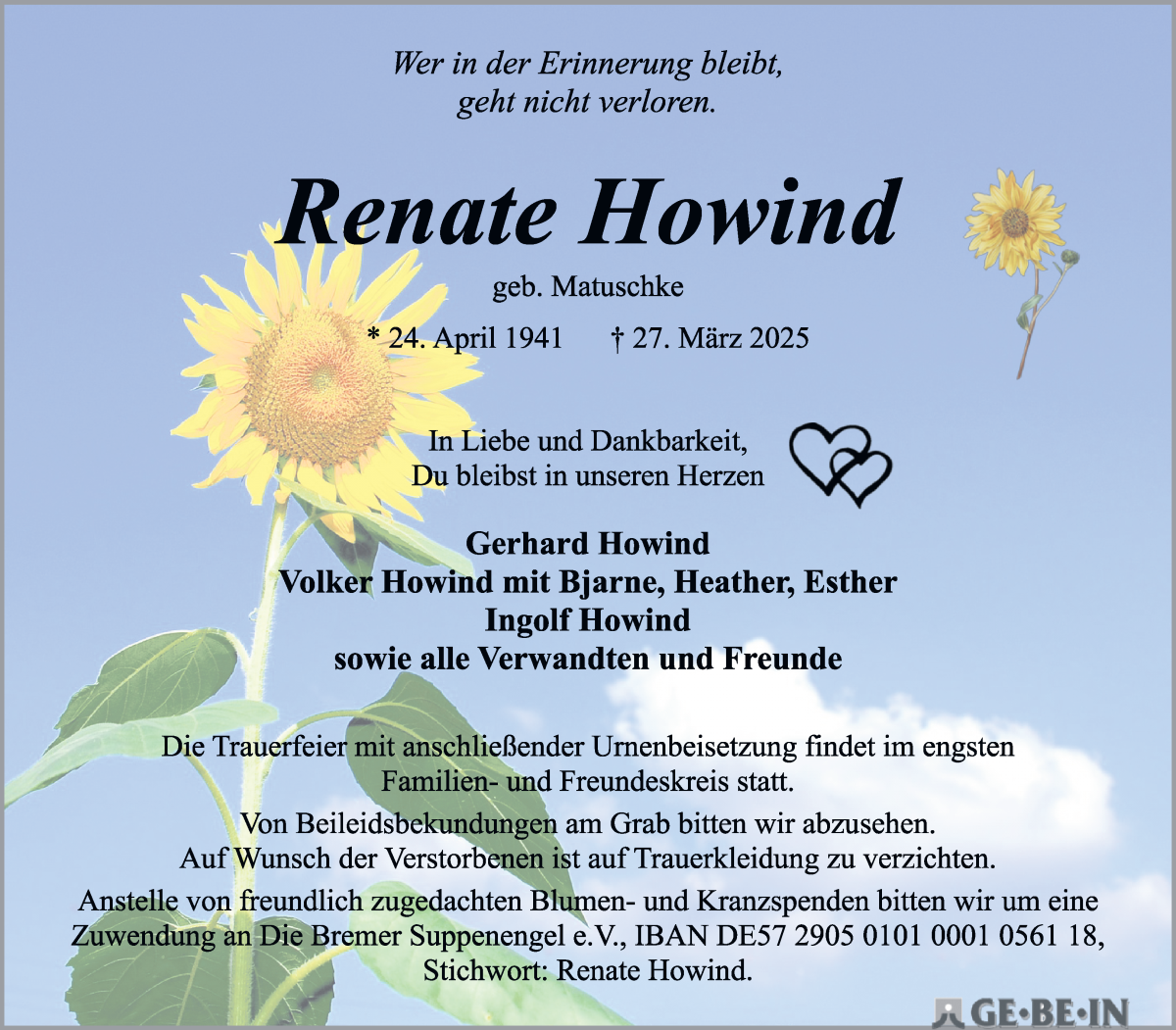 Traueranzeige von Renate Howind von WESER-KURIER