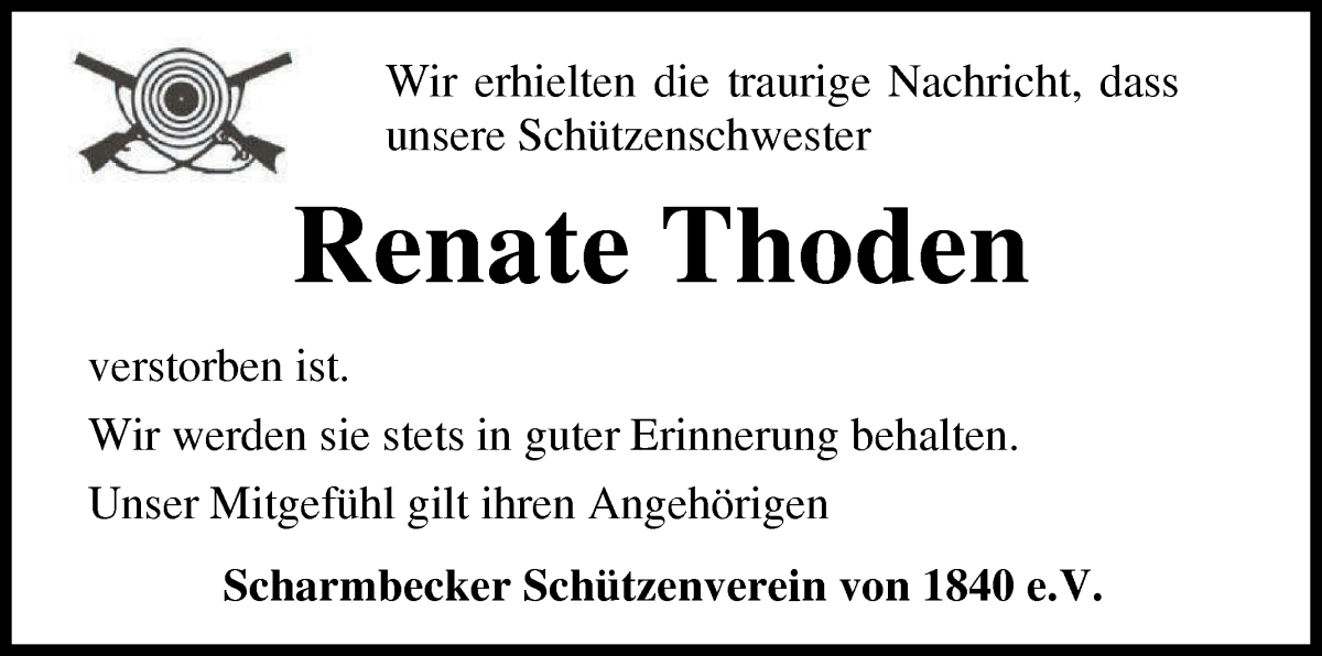 Traueranzeige von Renate Thoden von Osterholzer Kreisblatt