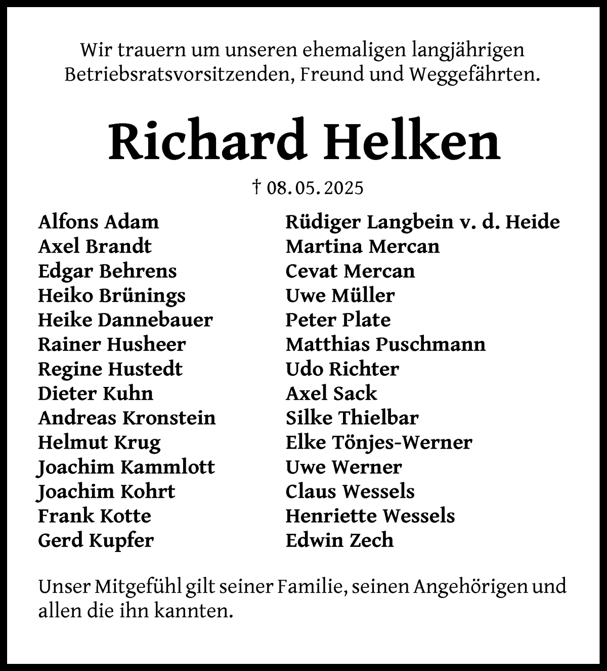 Traueranzeige von Richard Helken von WESER-KURIER