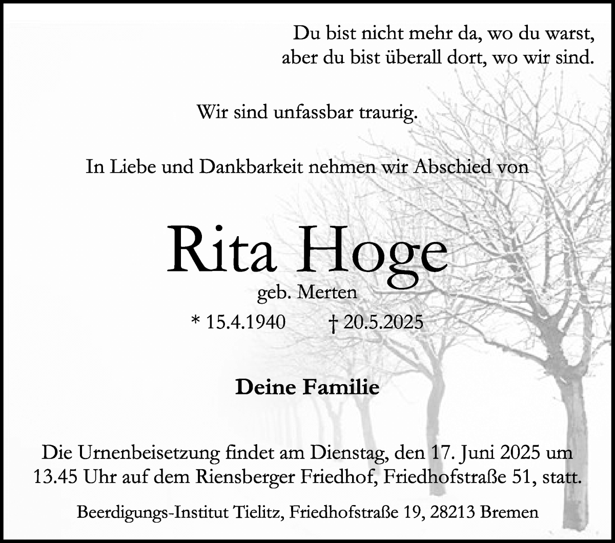 Traueranzeige von Rita Hoge von WESER-KURIER
