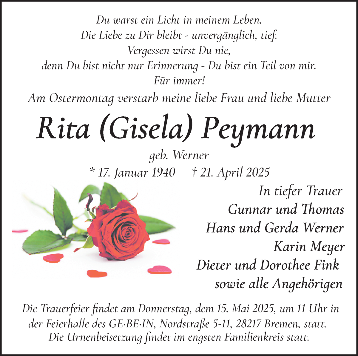 Traueranzeige von Rita Gisela Peymann von WESER-KURIER