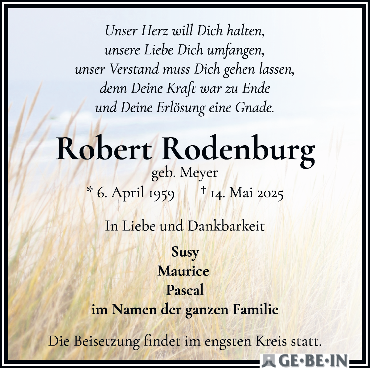 Traueranzeige von Robert Rodenburg von Wuemme Zeitung