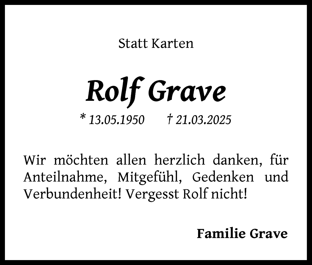 Traueranzeige von Rolf Grave von WESER-KURIER