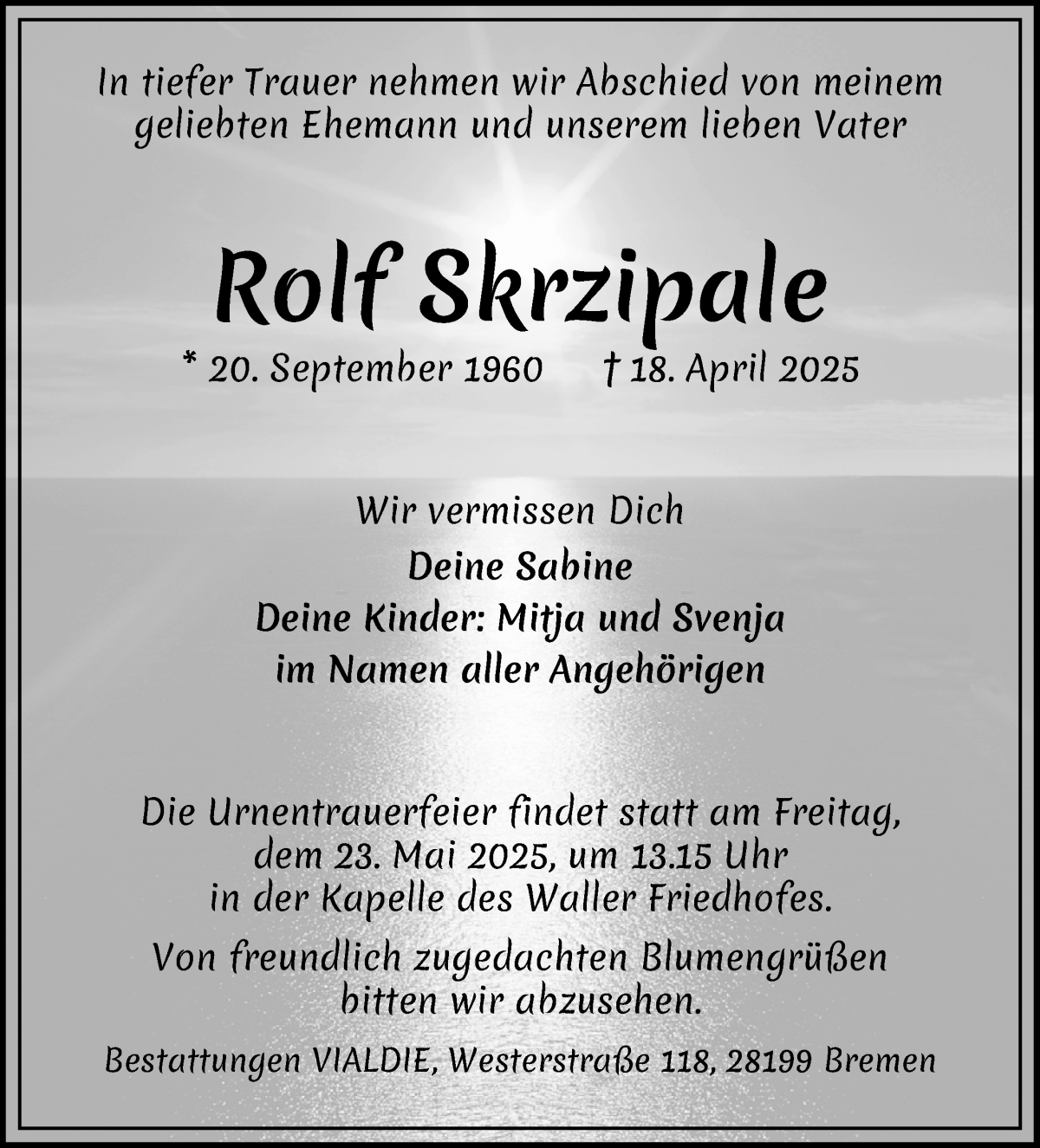 Traueranzeige von Rolf Skrzipale von WESER-KURIER
