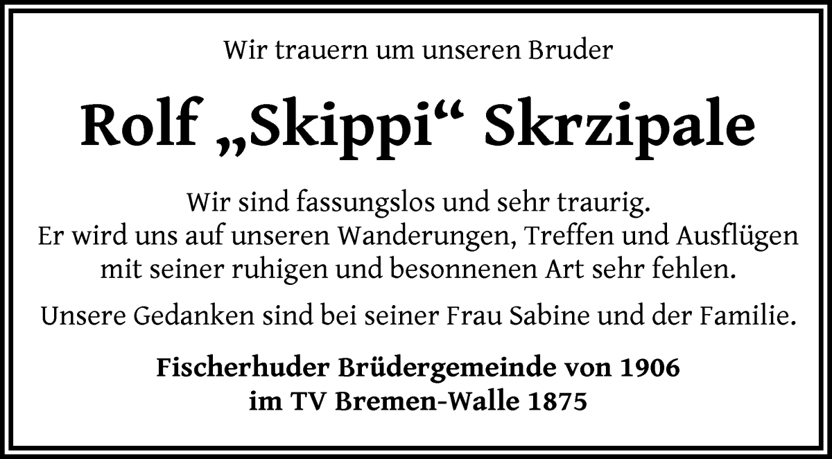 Traueranzeige von Rolf Skrzipale von WESER-KURIER