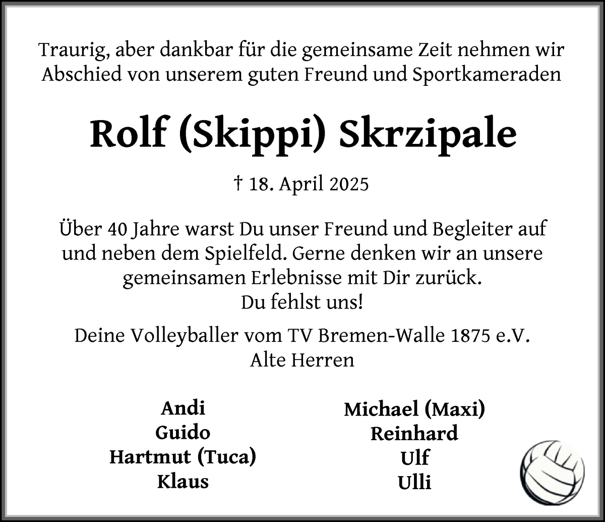 Traueranzeige von Rolf Skrzipale von WESER-KURIER