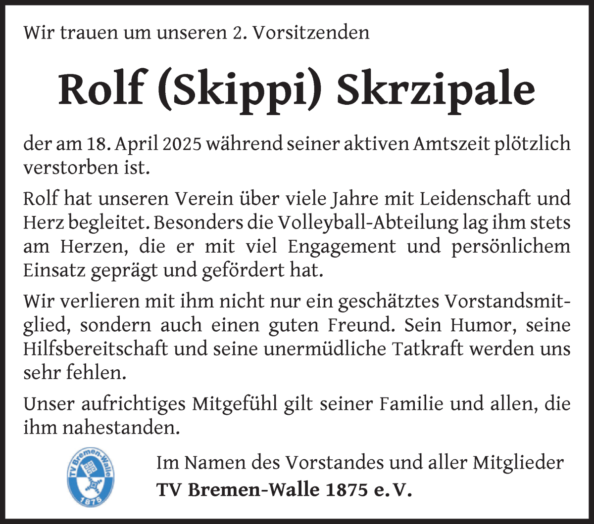 Traueranzeige von Rolf Skrzipale von WESER-KURIER