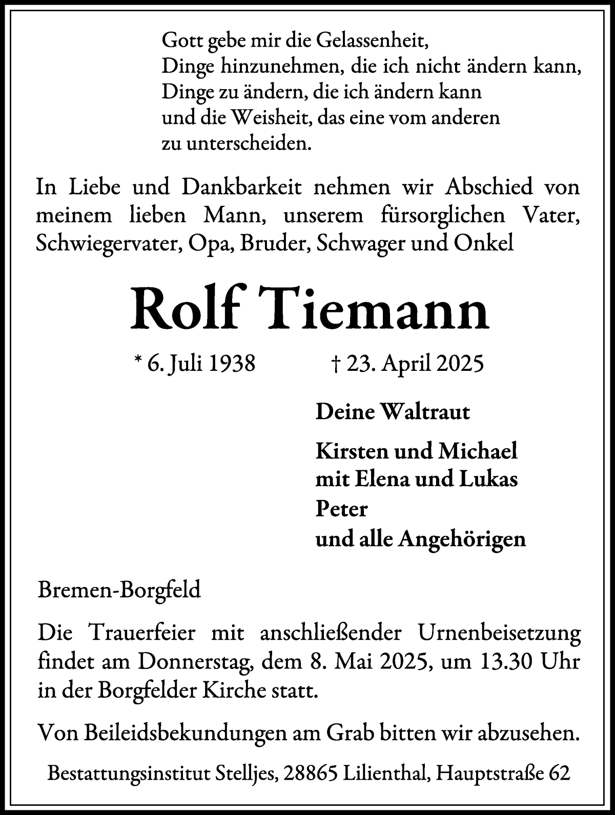 Traueranzeige von Rolf Tiemann von Wuemme Zeitung