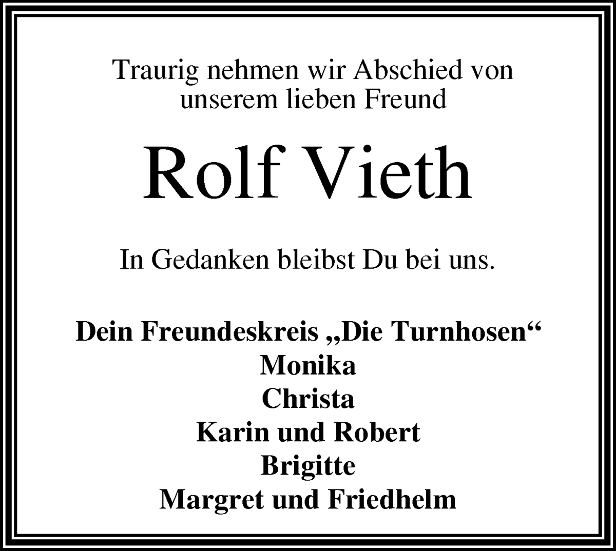 Traueranzeige von Rolf Vieth von WESER-KURIER