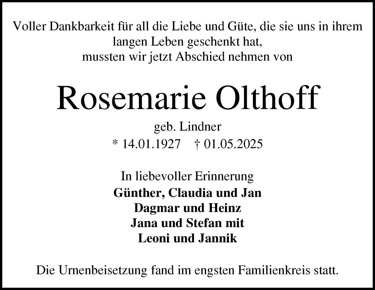 Traueranzeige von Rosemarie Olthoff von WESER-KURIER