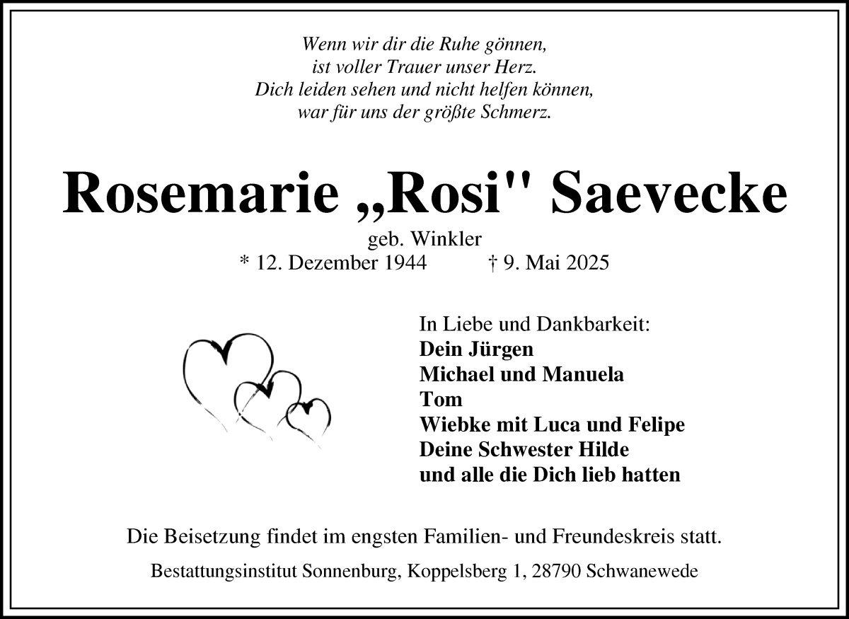 Traueranzeige von Rosemarie Saevecke von Die Norddeutsche