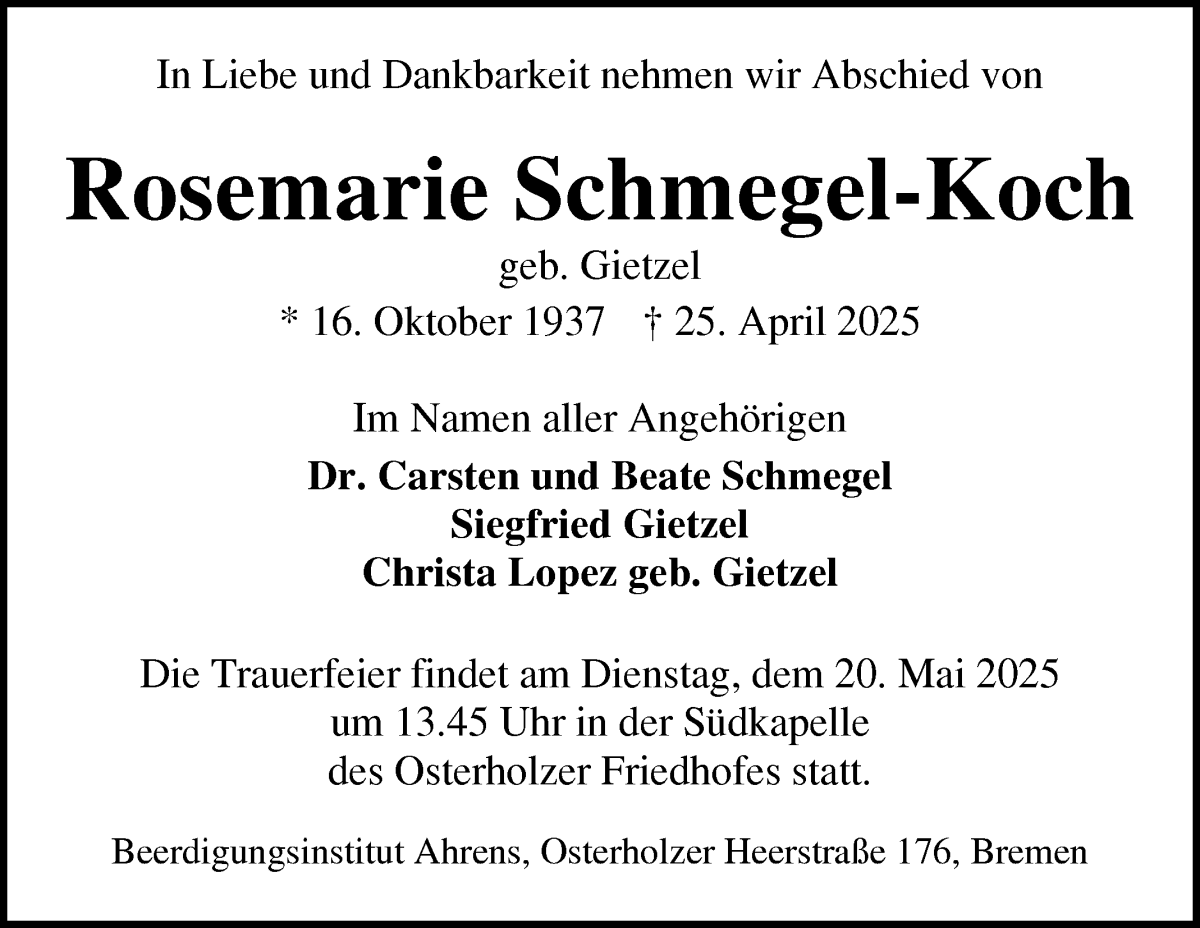 Traueranzeige von Rosemarie Schmegel-Koch von WESER-KURIER