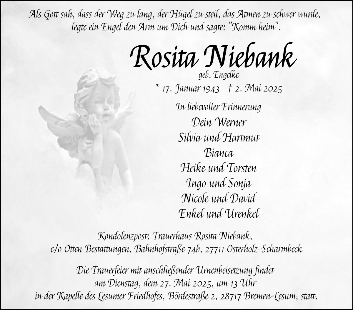 Traueranzeige von Rosita Niebank von Osterholzer Kreisblatt