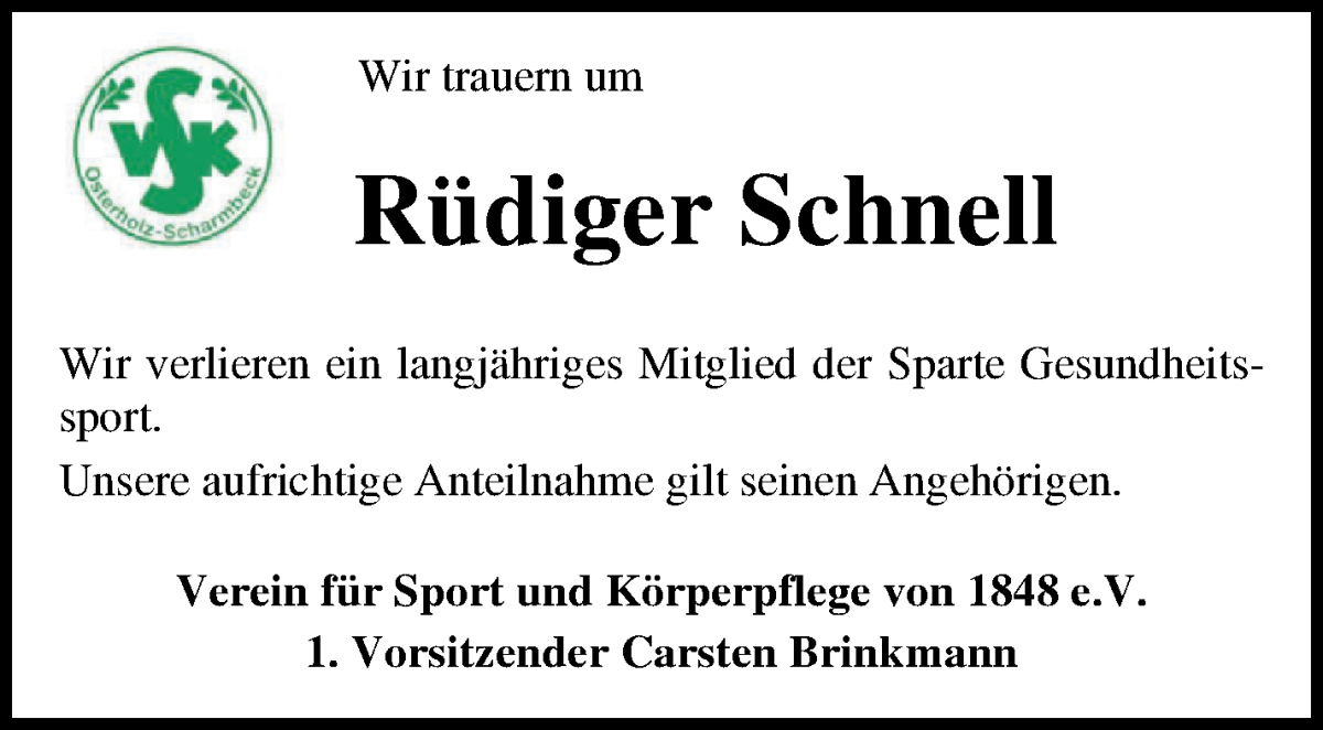 Traueranzeige von Rüdiger Schnell von Osterholzer Kreisblatt