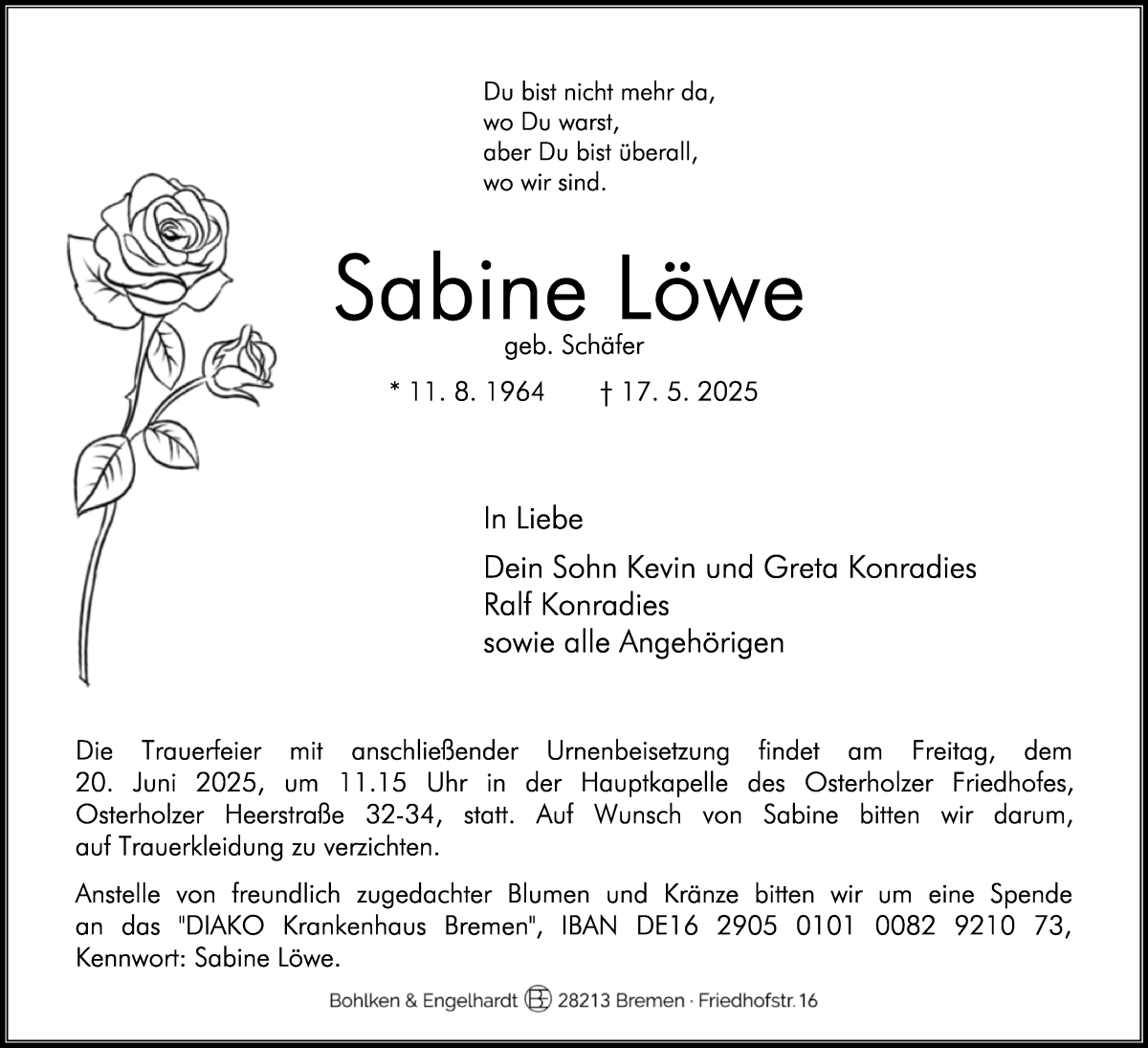 Traueranzeige von Sabine Löwe von WESER-KURIER