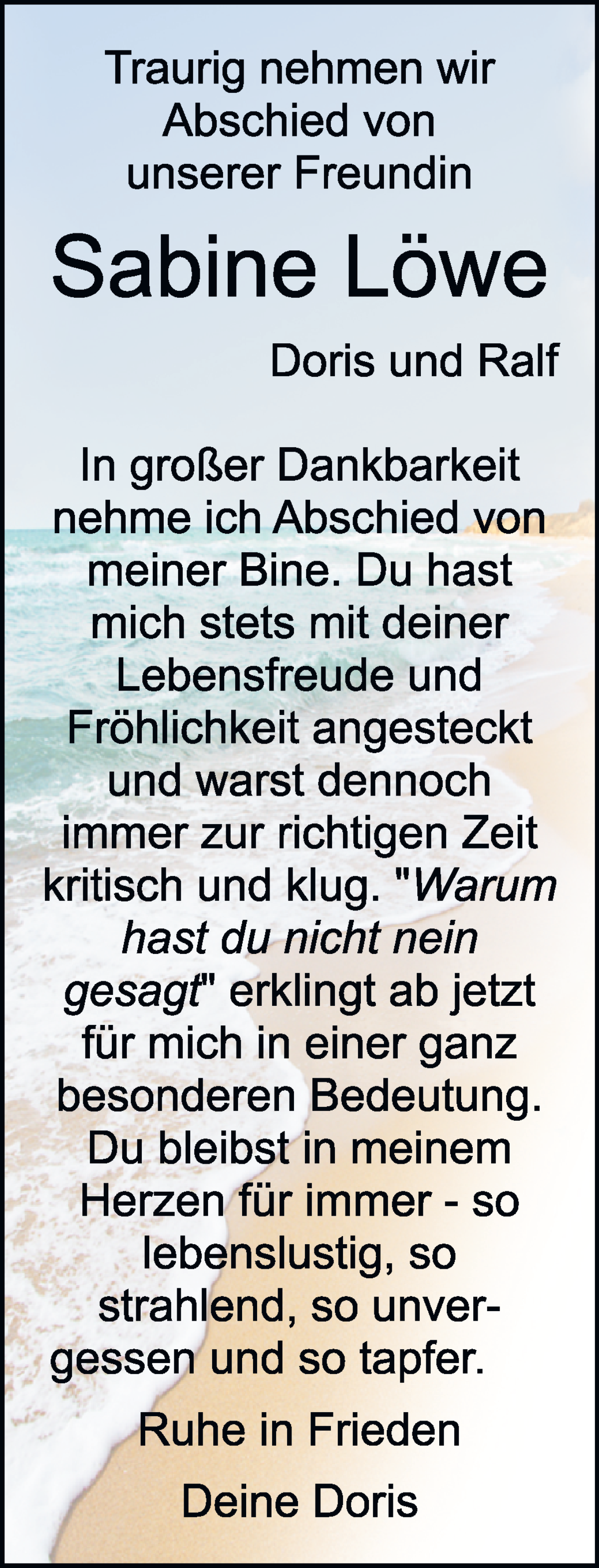 Traueranzeige von Sabine Löwe von WESER-KURIER